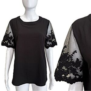 Lulus Marie Black Embroidered Sheer Floral Lace Short Sleeve Top Size Large Crew